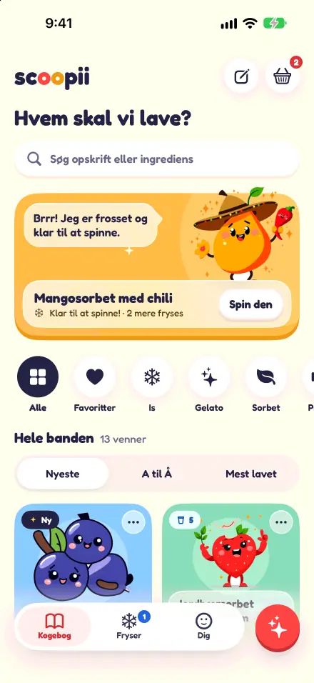 Kogebogen i Scoopii: øverst en bøtte, der er klar til at spinne, og derunder søgning, filtre og opskrifternes venner