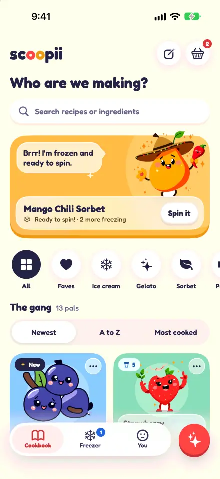 The Scoopii cookbook: a pint ready to spin at the top, then search, filters and recipe pals